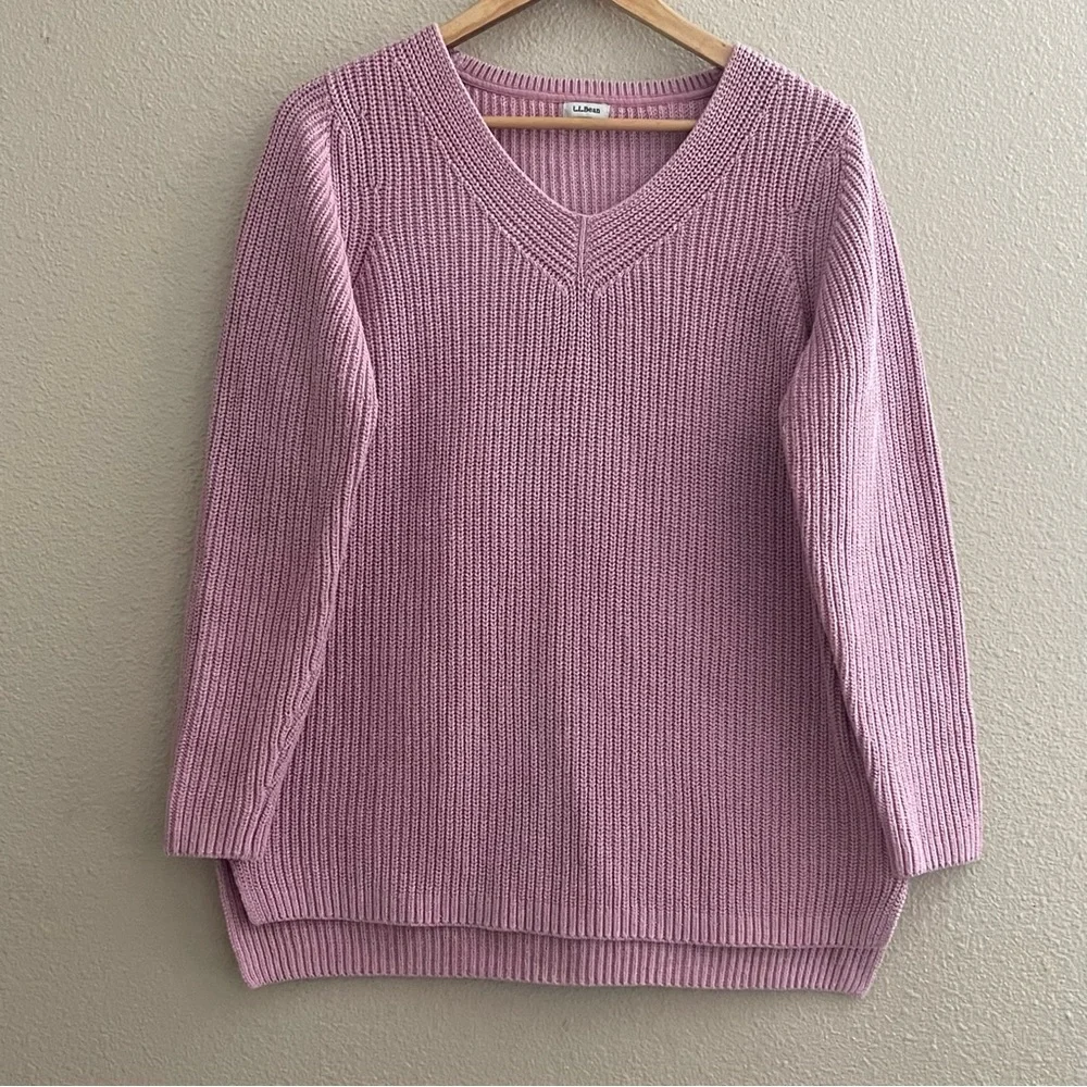 LLBean Cotton Chunky Oversized Knit Vneck Pink Cozy‎ Sweater